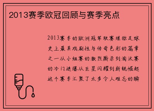 2013赛季欧冠回顾与赛季亮点