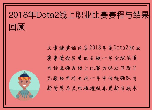 2018年Dota2线上职业比赛赛程与结果回顾