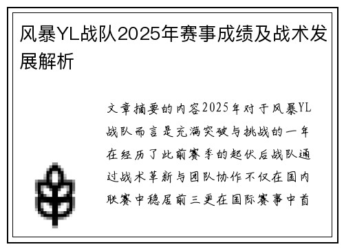 风暴YL战队2025年赛事成绩及战术发展解析
